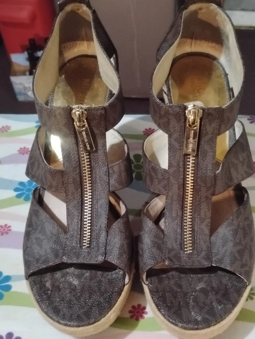 Michael Kors Brown Logo Wedge Sandals with Gold Zippers